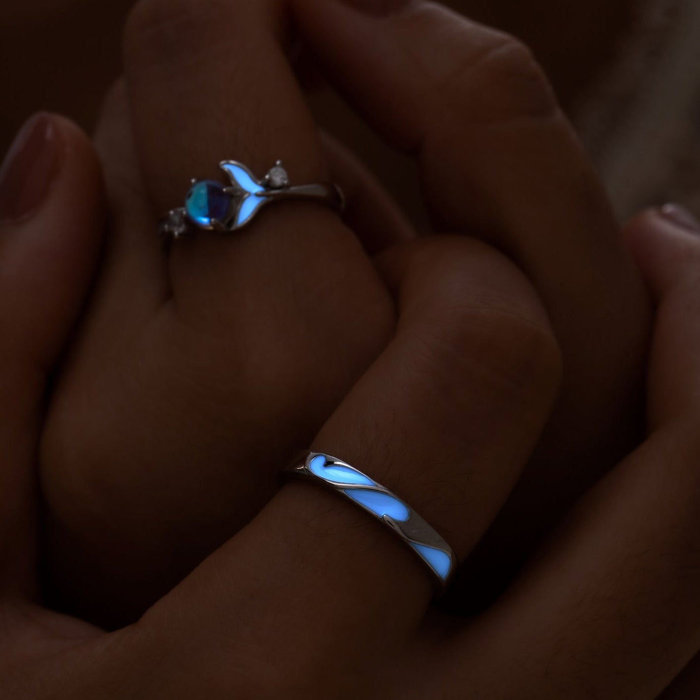 Glow in the Dark 925 Silver Couple Rings Adjustable in Sizes