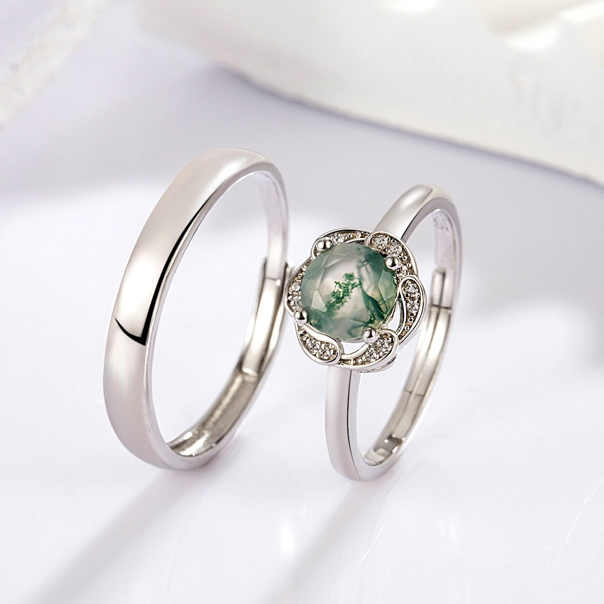 Green Moss Agate Round Cut S925 Silver Couple Rings