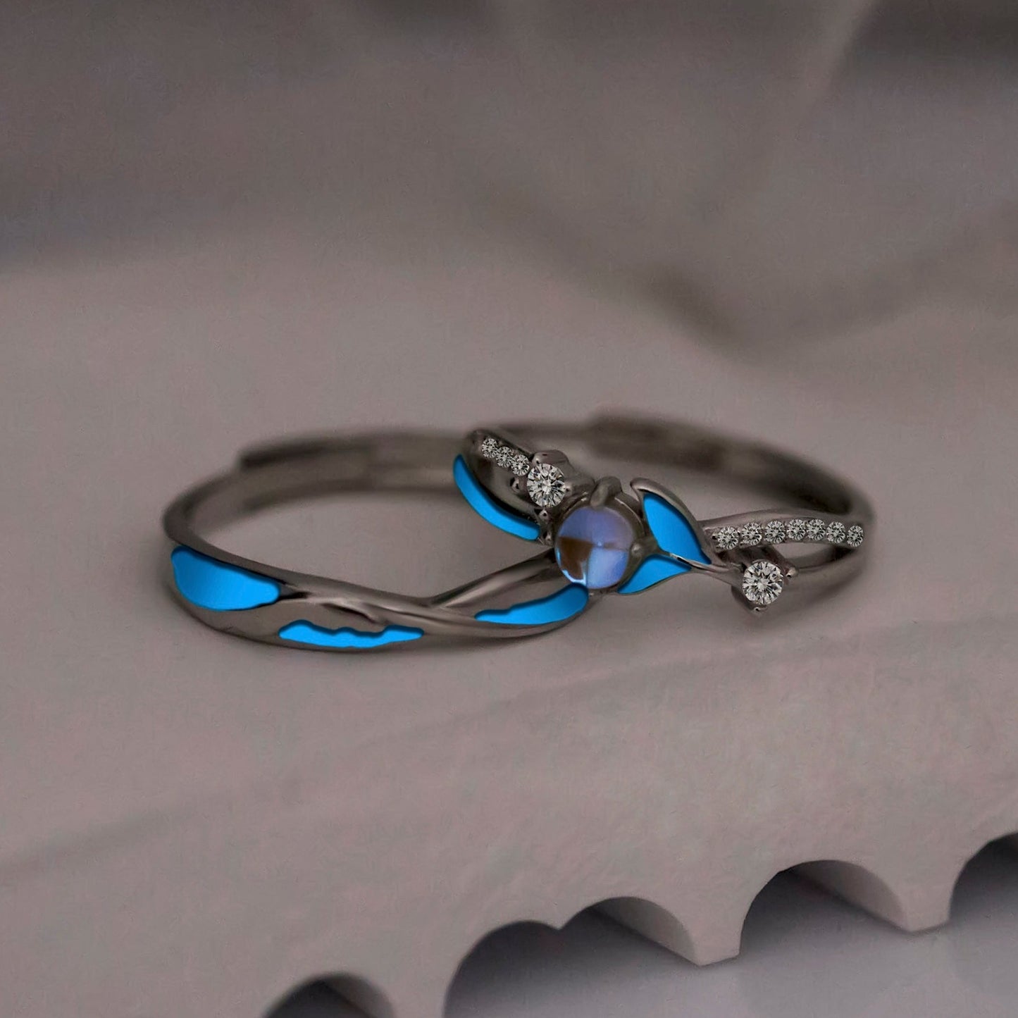 Glow in the Dark Moonstone Silver Matching Rings