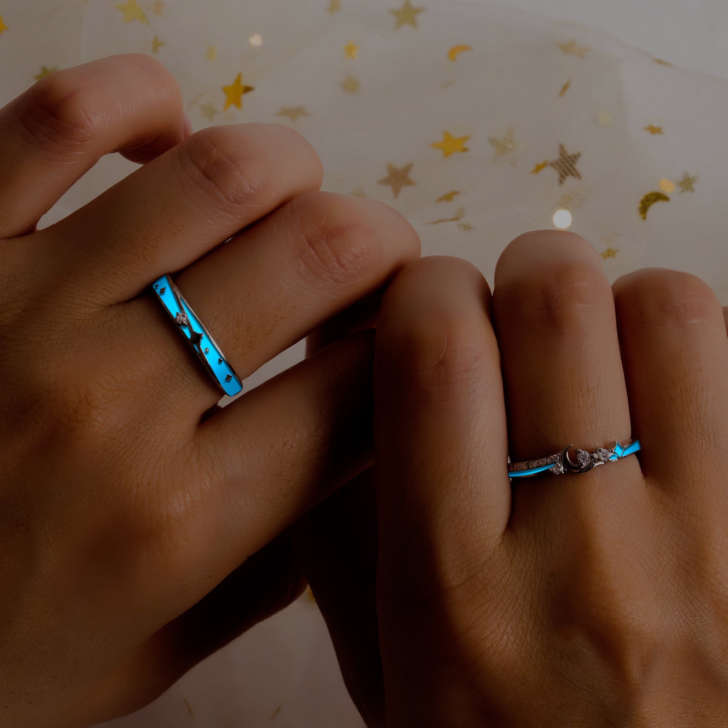 Stars & Moon Glow in the Dark Celestial Matching Rings