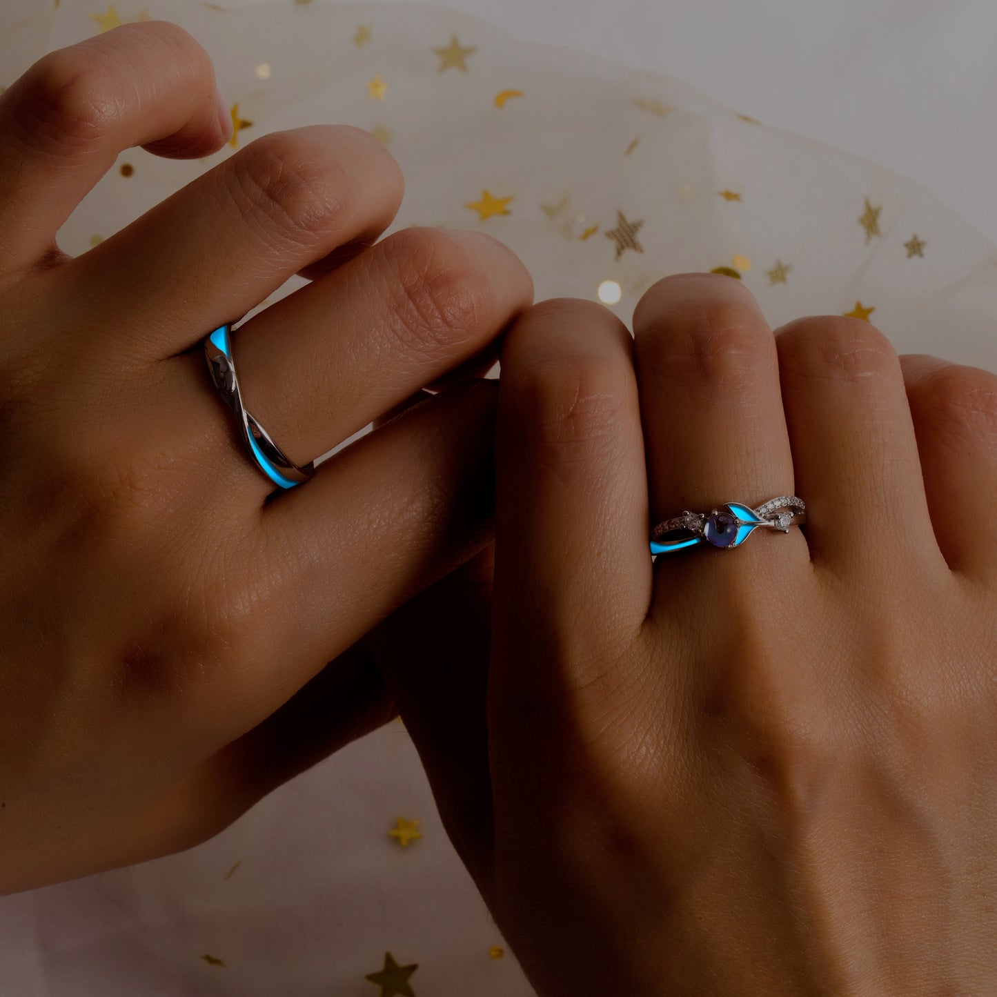 Glow in the Dark Moonstone Silver Matching Rings