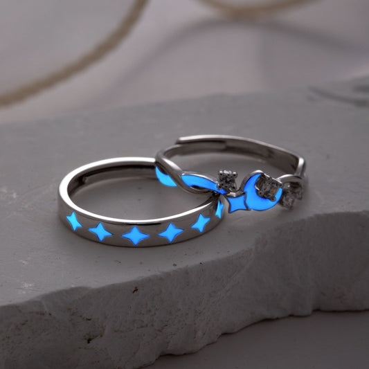 Glow in the Dark Stars & Moon Silver Couple Rings
