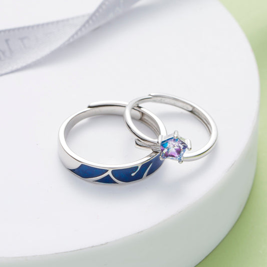 Blue Galaxy CZ Silver Couple Rings