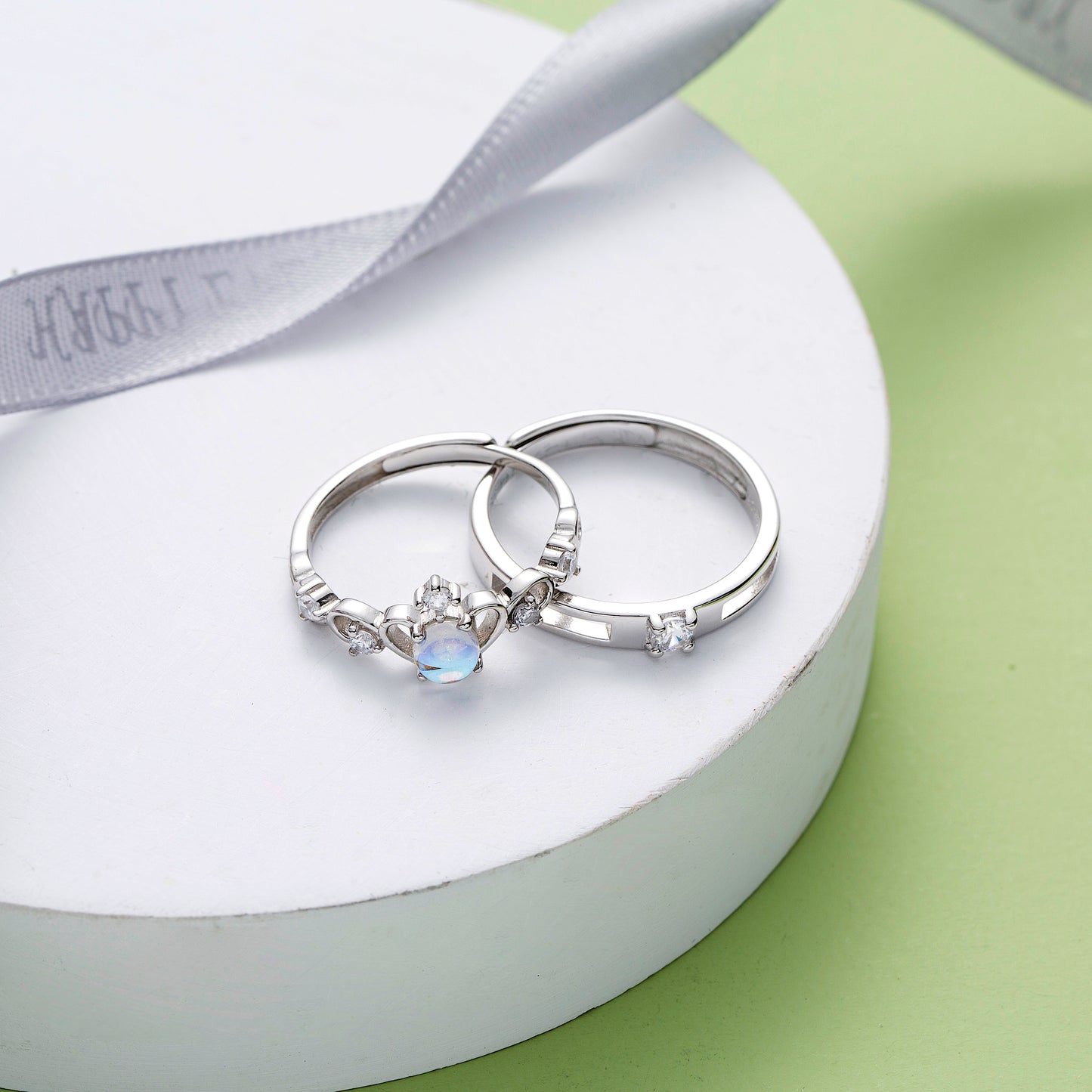 Moonstone CZ Silver Couple Rings