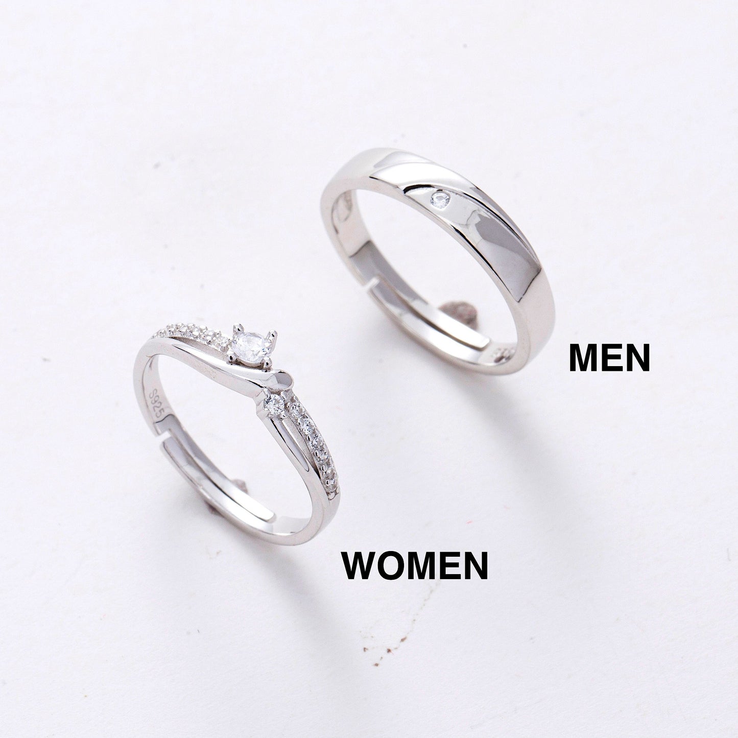 AAA Zircon 925 Silver Couple Rings Adjustable in Sizes