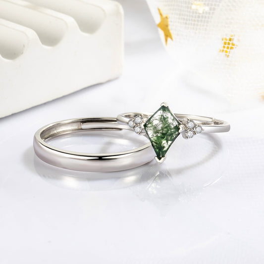 Kite Green Moss Agate 925 Silver Couple Rings