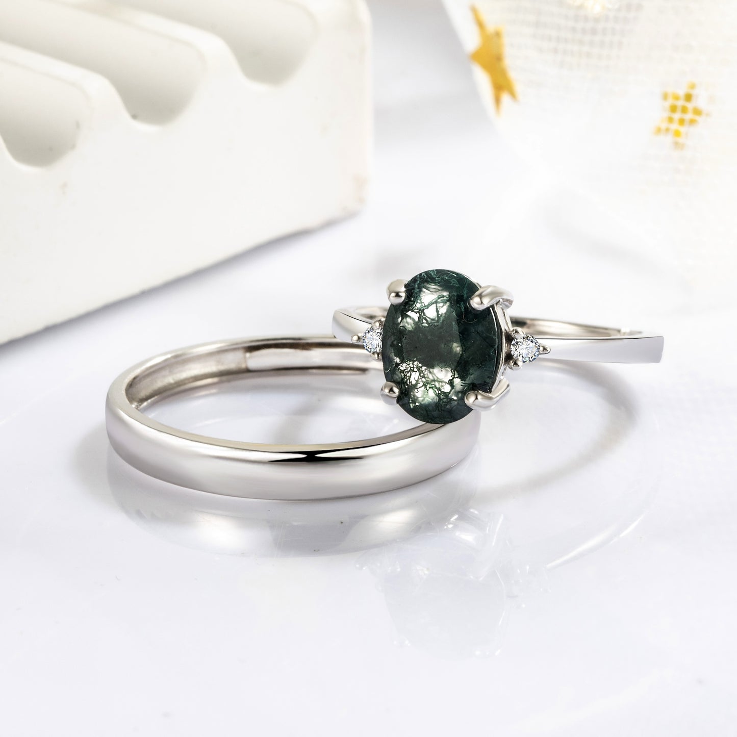 Oval Cut Moss Agate S925 Silver Couple Rings