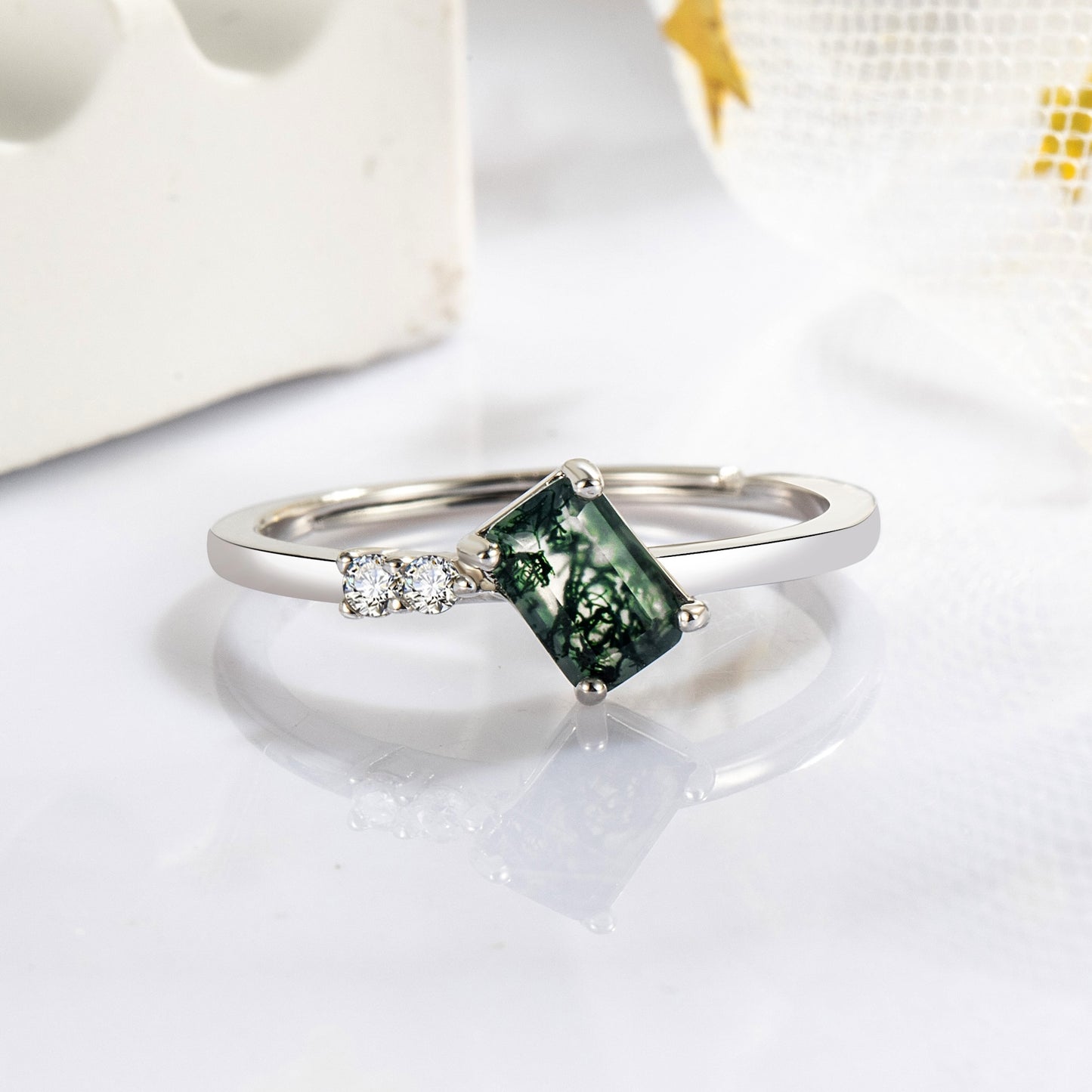 Baguette Moss Agate S925 Silver Couple Ring Set