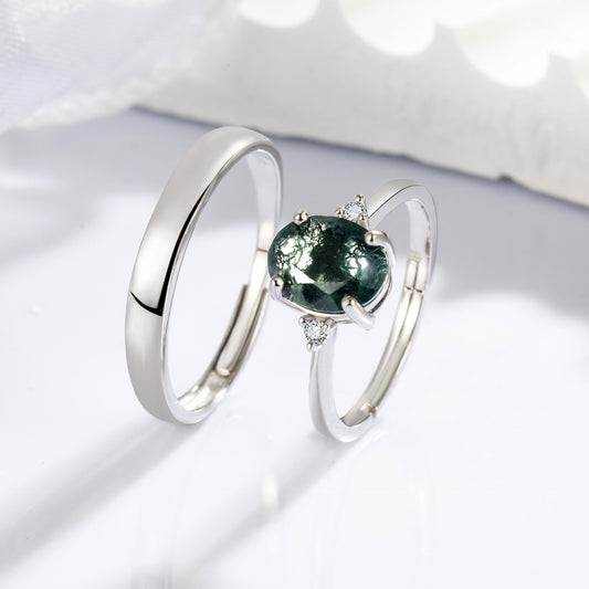 Oval Cut Moss Agate S925 Silver Couple Rings