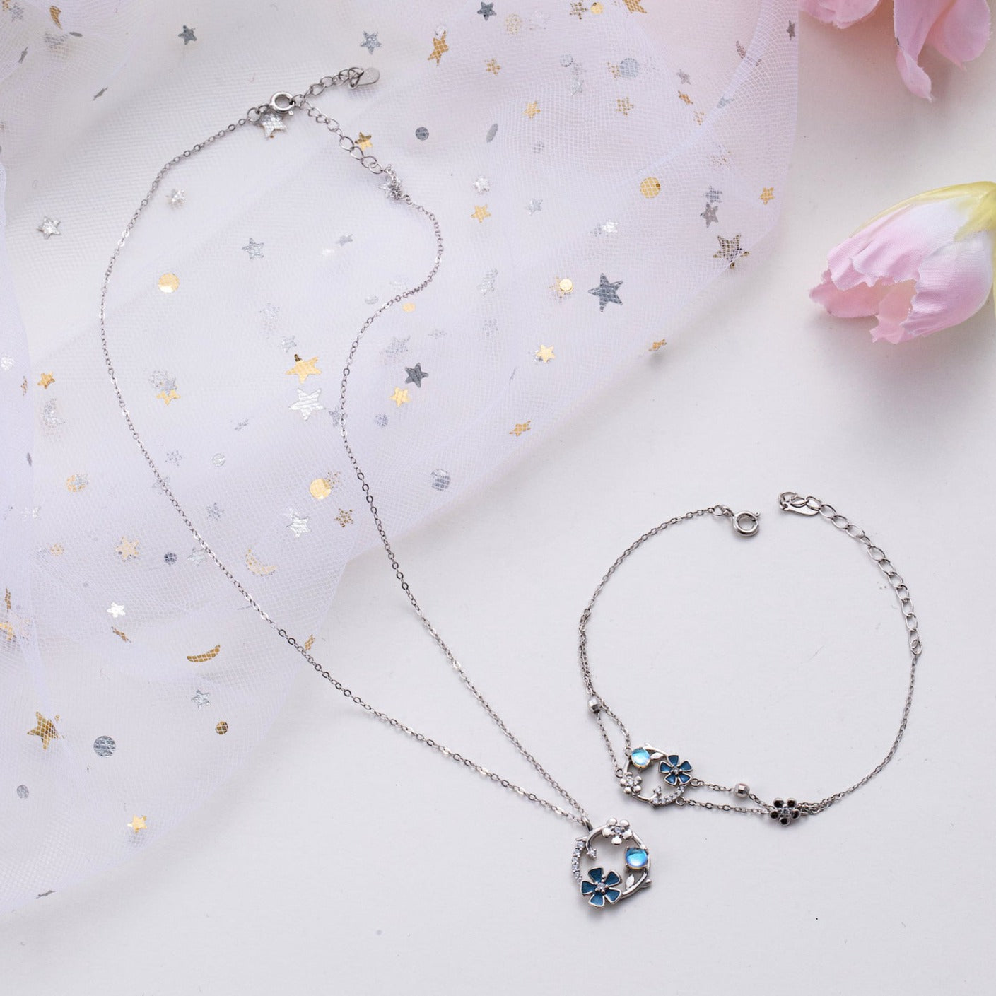 Moonstone Flower Necklace Bracelet Set
