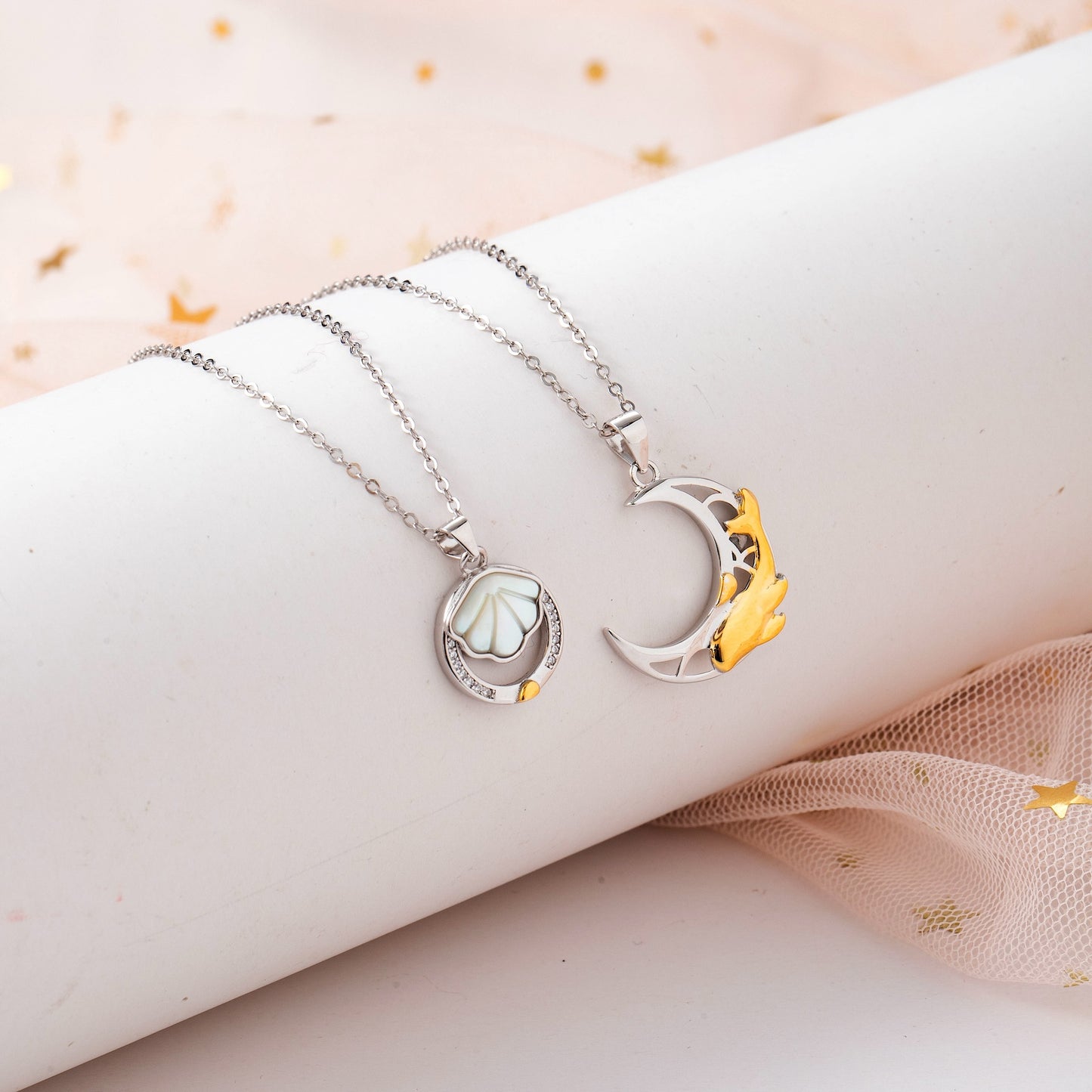 925 Silver Crescent Moon & Shell Couple Necklaces