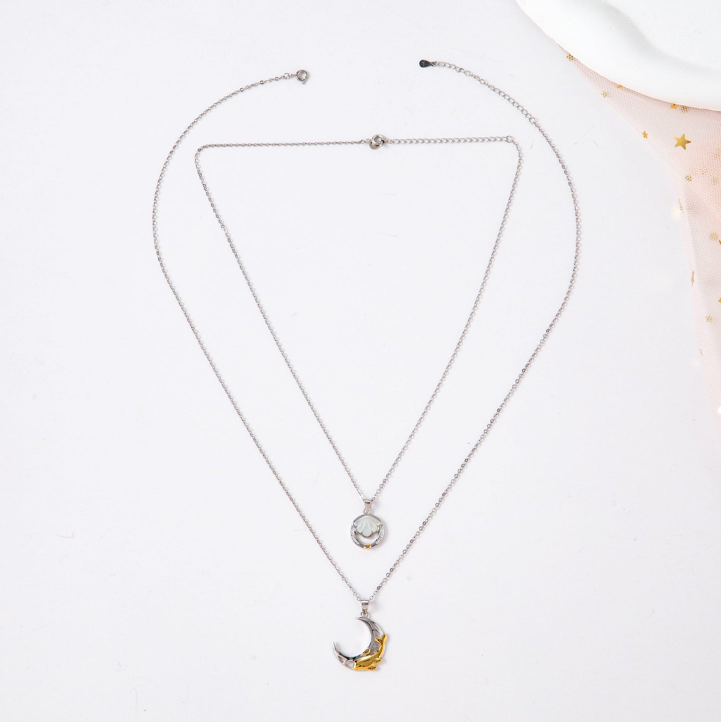 925 Silver Crescent Moon & Shell Couple Necklaces