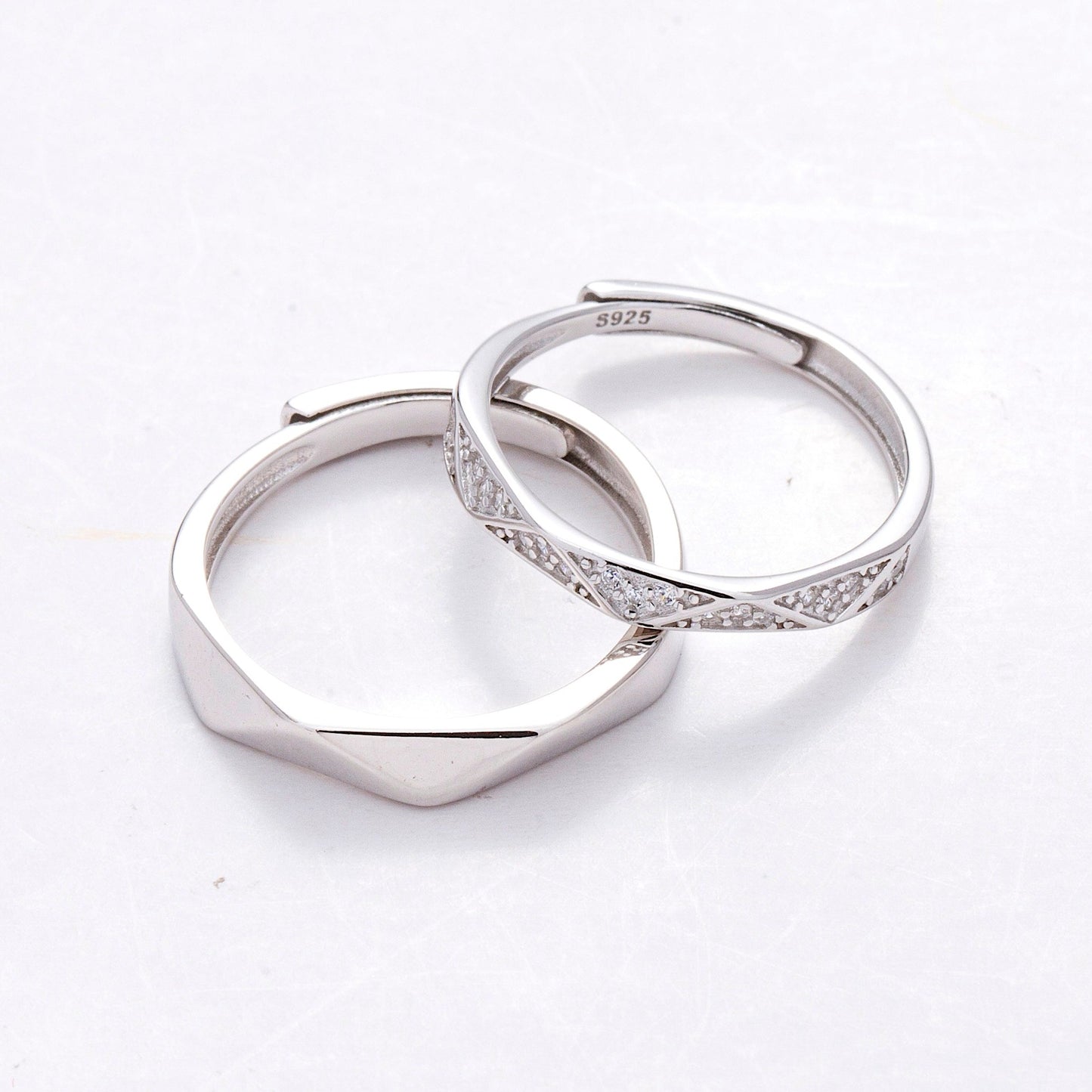 Geometric CZ Silver Couple Rings