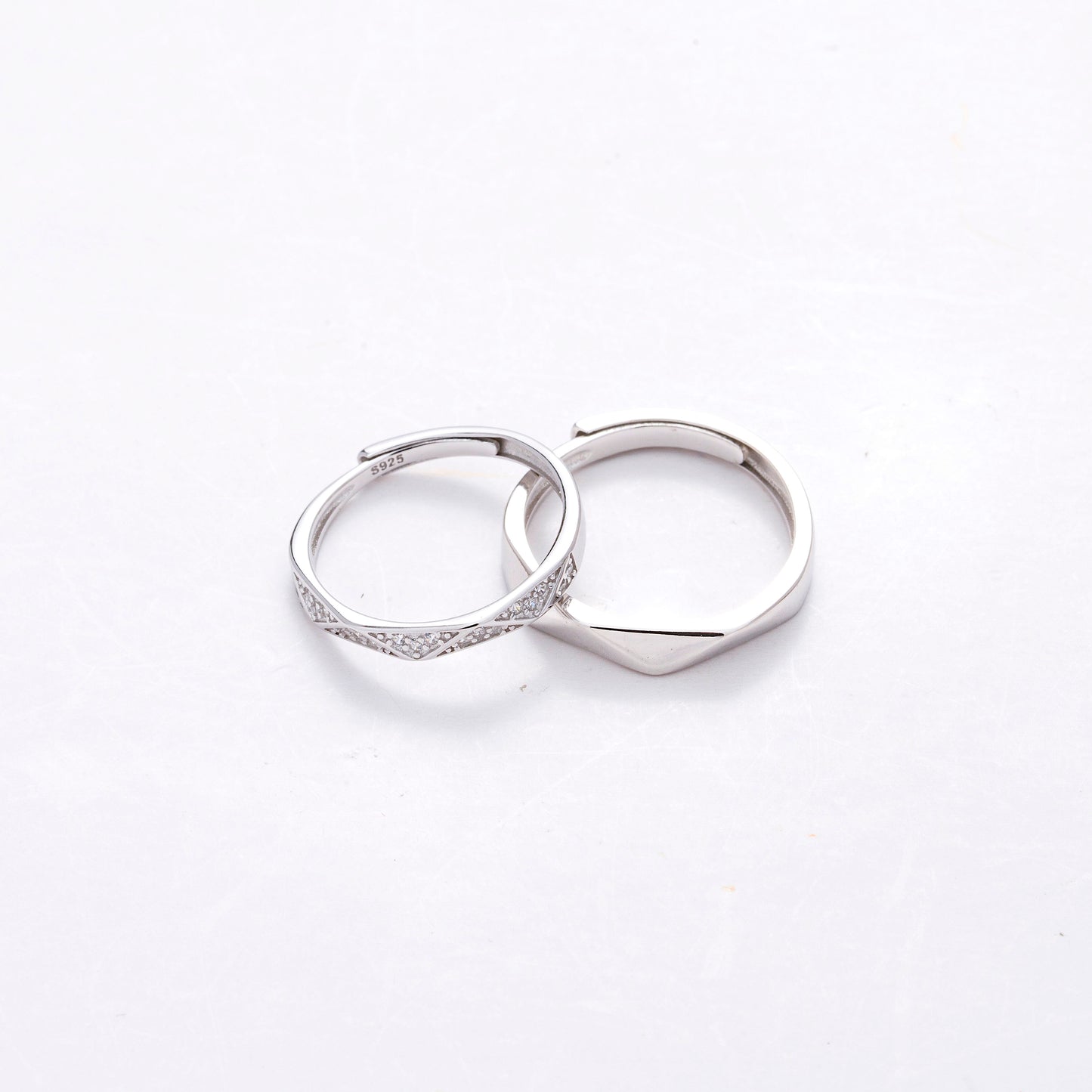 Geometric CZ Silver Couple Rings