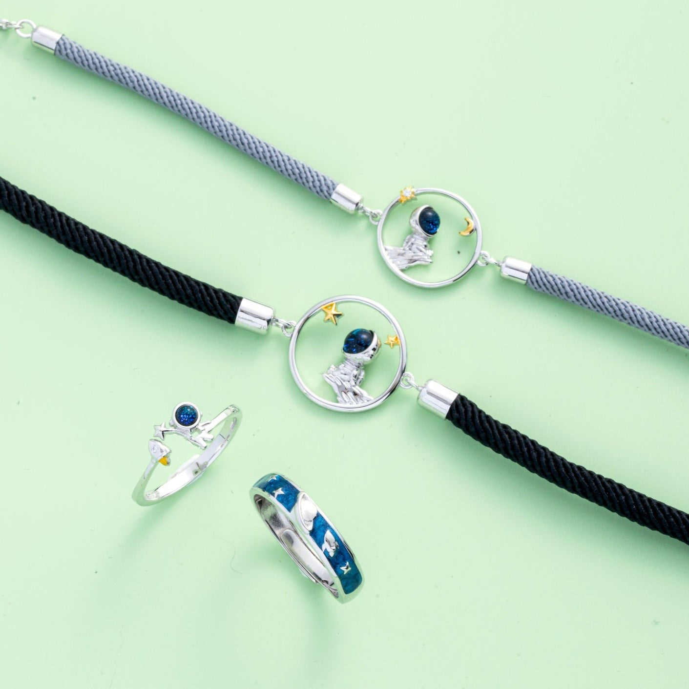 Astronaut S925 Silver Couple Rings-Bracelets Set