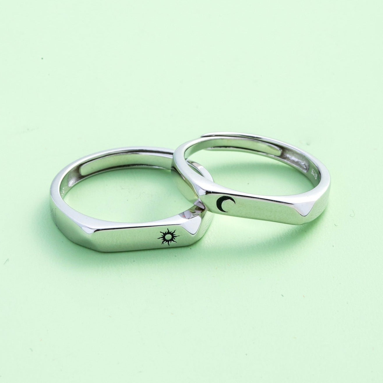 Sun Moon 925 Silver Couple Rings & Bracelets Set