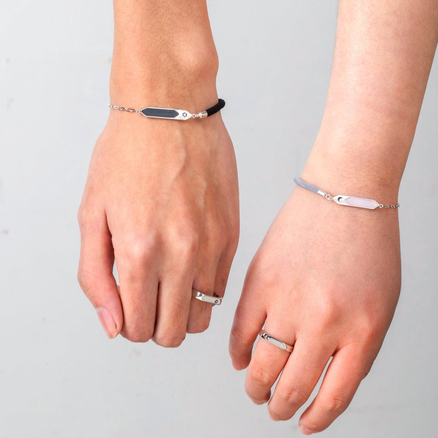 Sun Moon 925 Silver Couple Rings & Bracelets Set