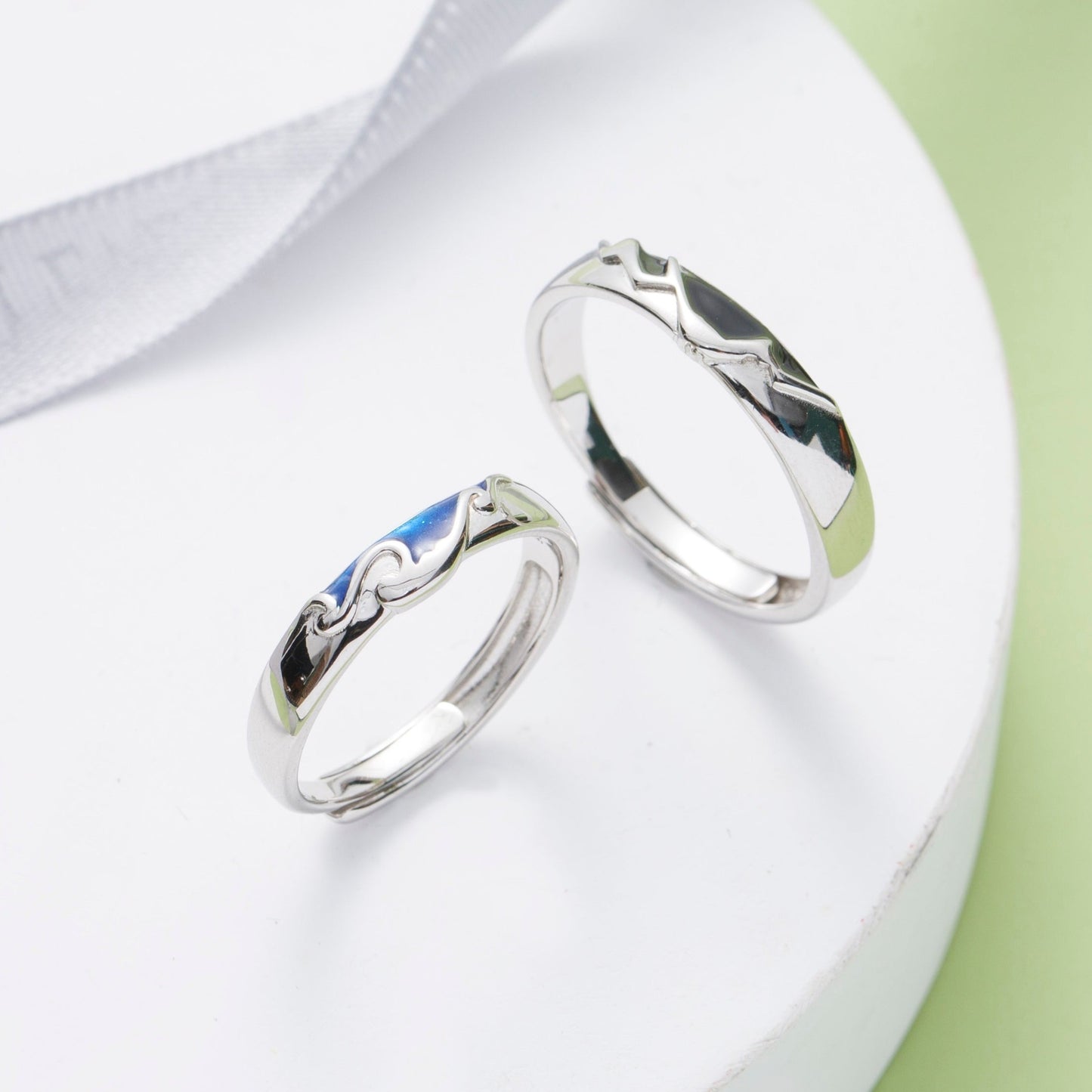 Waves and Mountain Silver Promise Rings
